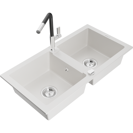 Mexen Mario granite double-bowl sink with Flora kitchen faucet, white - 6504-20-670401-07