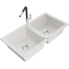 Mexen Mario 2-compartment granite sink with a kitchen mixer tap Flora, White - 6504-20-670401-07