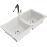 Mexen Mario granite double-bowl sink with Flora kitchen faucet, white - 6504-20-670401-07