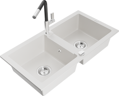 Mexen Mario granite double-bowl sink with Flora kitchen faucet, white - 6504-20-670401-07