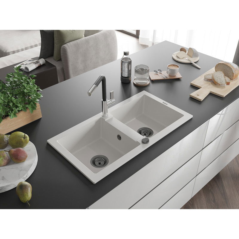 Mexen Mario granite sink 2-bowl with Flora kitchen tap, white - 6504-20-670401-07-B