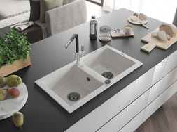 Mexen Mario granite sink 2-bowl with Flora kitchen tap, white - 6504-20-670401-07-B