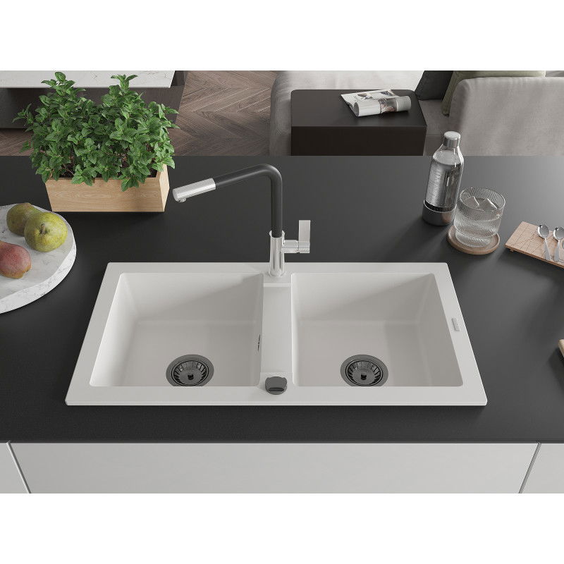 Mexen Mario granite sink 2-bowl with Flora kitchen tap, white - 6504-20-670401-07-B