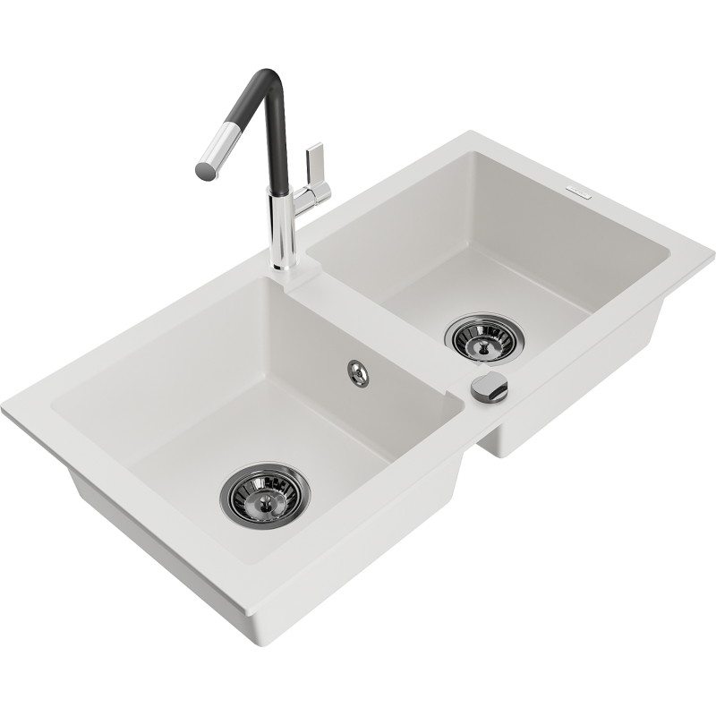 Mexen Mario granite 2-bowl kitchen sink with Flora kitchen faucet, white - 6504-20-670401-07-B