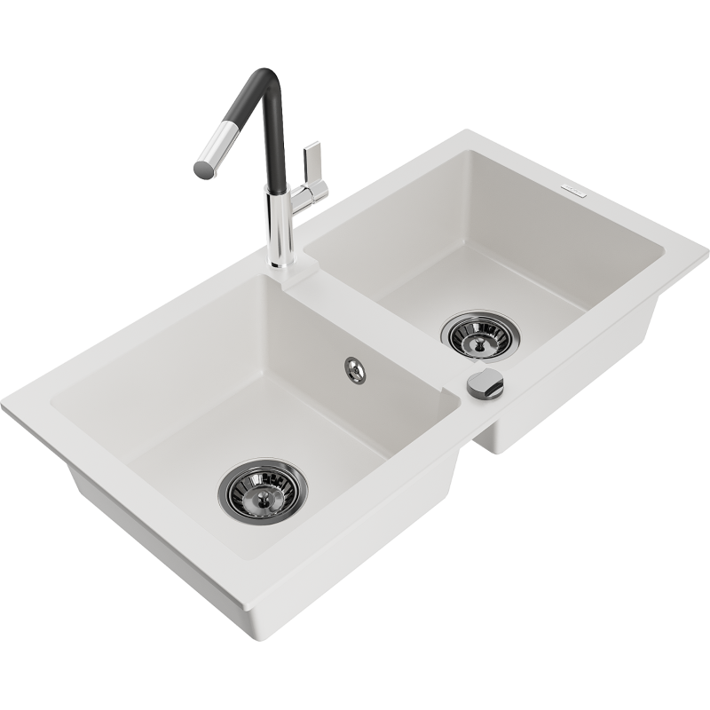 Mexen Mario granite sink 2-bowl with Flora kitchen tap, white - 6504-20-670401-07-B
