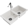 Mexen Mario granite 2-bowl kitchen sink with Flora kitchen faucet, white - 6504-20-670401-07-B