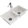 Mexen Mario granite double-bowl kitchen sink with Flora faucet, white - 6504-20-670401-07-B