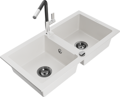 Mexen Mario granite sink 2-bowl with Flora kitchen tap, white - 6504-20-670401-07-B