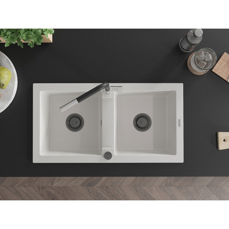 Mexen Mario granite sink 2-bowl with Flora kitchen tap, white - 6504-20-670401-07-B