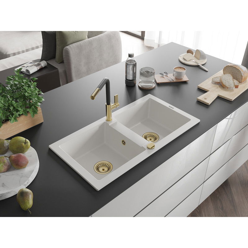 Mexen Mario granite sink 2-bowl with Flora kitchen tap, white - 6504-20-670401-57-G