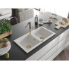 Mexen Mario granite double-bowl kitchen sink with Flora faucet, white - 6504-20-670401-57-G