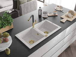 Mexen Mario 2-compartment granite sink with a kitchen mixer tap Flora, White - 6504-20-670401-57-G