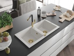 Mexen Mario granite double-bowl kitchen sink with Flora faucet, white - 6504-20-670401-57-G