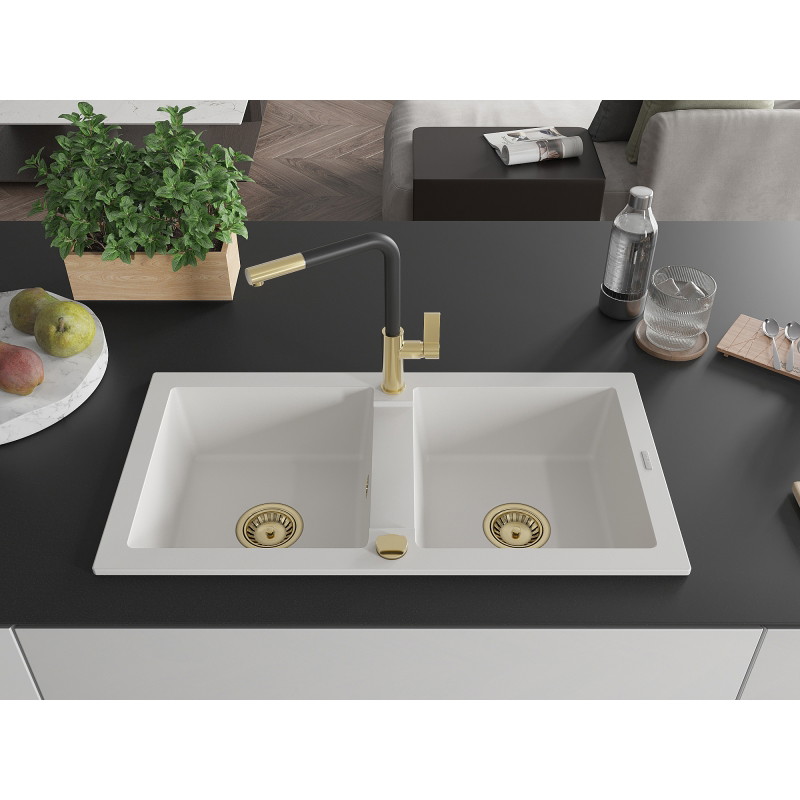 Mexen Mario 2-bowl granite sink with Flora kitchen faucet, white - 6504-20-670401-57-G