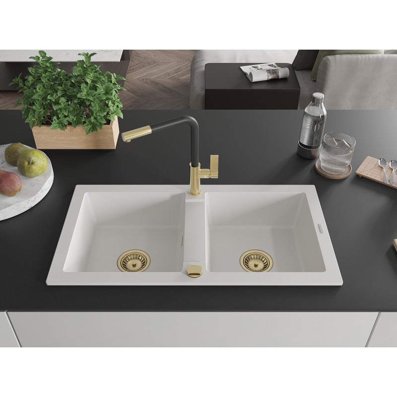 Mexen Mario granite sink 2-bowl with Flora kitchen tap, white - 6504-20-670401-57-G