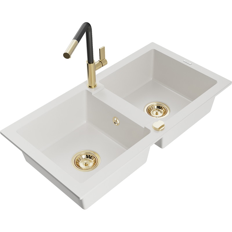 Mexen Mario 2-bowl granite sink with Flora kitchen faucet, white - 6504-20-670401-57-G