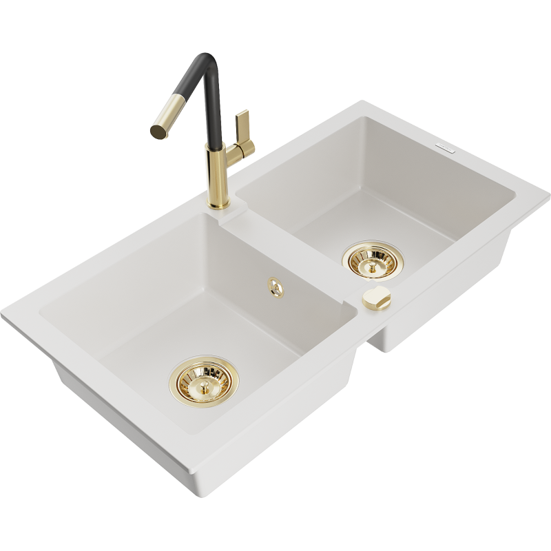 Mexen Mario 2-compartment granite sink with a kitchen mixer tap Flora, White - 6504-20-670401-57-G