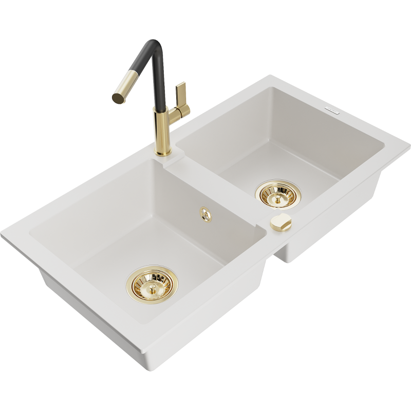 Mexen Mario granite sink 2-bowl with Flora kitchen tap, white - 6504-20-670401-57-G