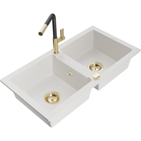 Mexen Mario 2-compartment granite sink with a kitchen mixer tap Flora, White - 6504-20-670401-57-G