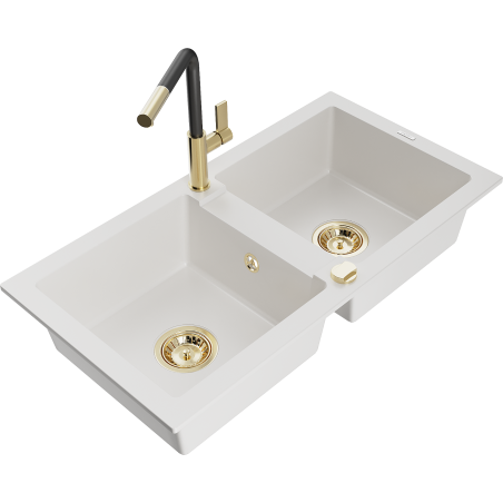 Mexen Mario granite sink 2-bowl with Flora kitchen tap, white - 6504-20-670401-57-G