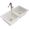 Mexen Mario 2-bowl granite sink with Flora kitchen faucet, white - 6504-20-670401-57-G