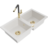 Mexen Mario 2-compartment granite sink with a kitchen mixer tap Flora, White - 6504-20-670401-57-G