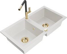 Mexen Mario granite sink 2-bowl with Flora kitchen tap, white - 6504-20-670401-57-G
