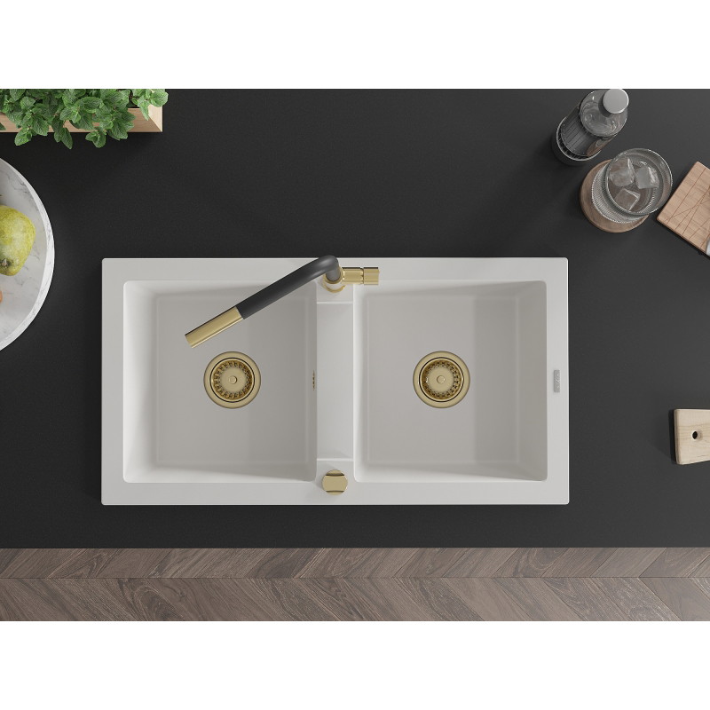 Mexen Mario 2-bowl granite sink with Flora kitchen faucet, white - 6504-20-670401-57-G