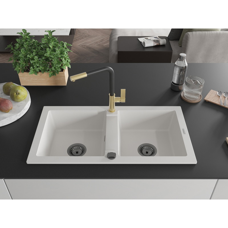 Mexen Mario granite double-bowl sink with Flora kitchen faucet, white - 6504-20-670401-57-B