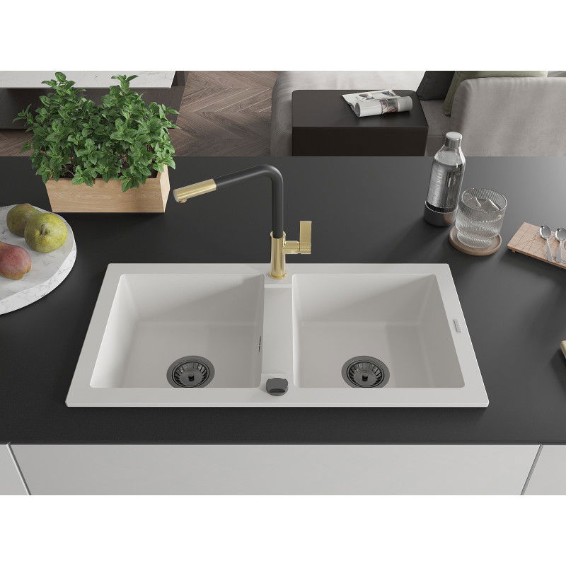 Mexen Mario Granite Sink 2-Chamber with Flora Kitchen Tap, White - 6504-20-670401-57-B
