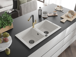 Mexen Mario granite double-bowl sink with Flora kitchen faucet, white - 6504-20-670401-57-B