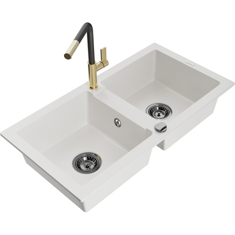 Mexen Mario granite sink 2-bowl with kitchen faucet Flora, white - 6504-20-670401-57-B