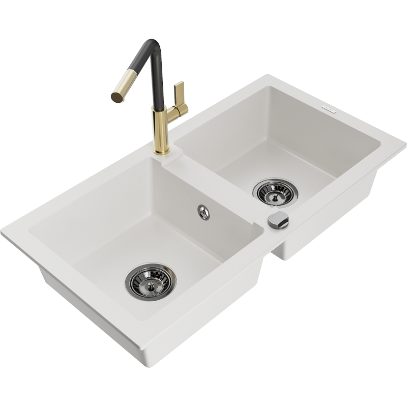 Mexen Mario Granite Sink 2-Chamber with Flora Kitchen Tap, White - 6504-20-670401-57-B