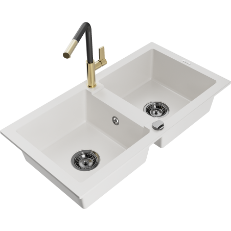 Mexen Mario granite sink 2-bowl with kitchen faucet Flora, white - 6504-20-670401-57-B