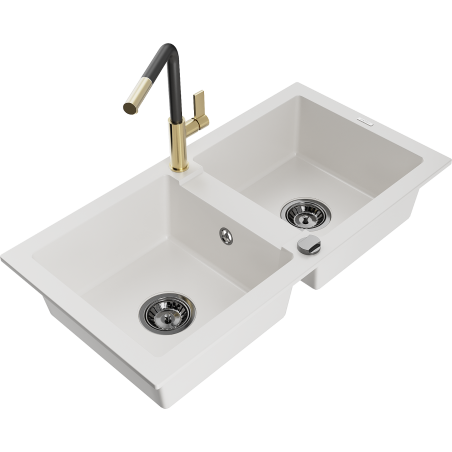 Mexen Mario Granite Sink 2-Chamber with Flora Kitchen Tap, White - 6504-20-670401-57-B
