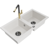 Mexen Mario granite sink 2-bowl with kitchen faucet Flora, white - 6504-20-670401-57-B