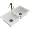 Mexen Mario Granite Sink 2-Chamber with Flora Kitchen Tap, White - 6504-20-670401-57-B