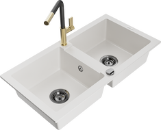 Mexen Mario granite double-bowl sink with Flora kitchen faucet, white - 6504-20-670401-57-B