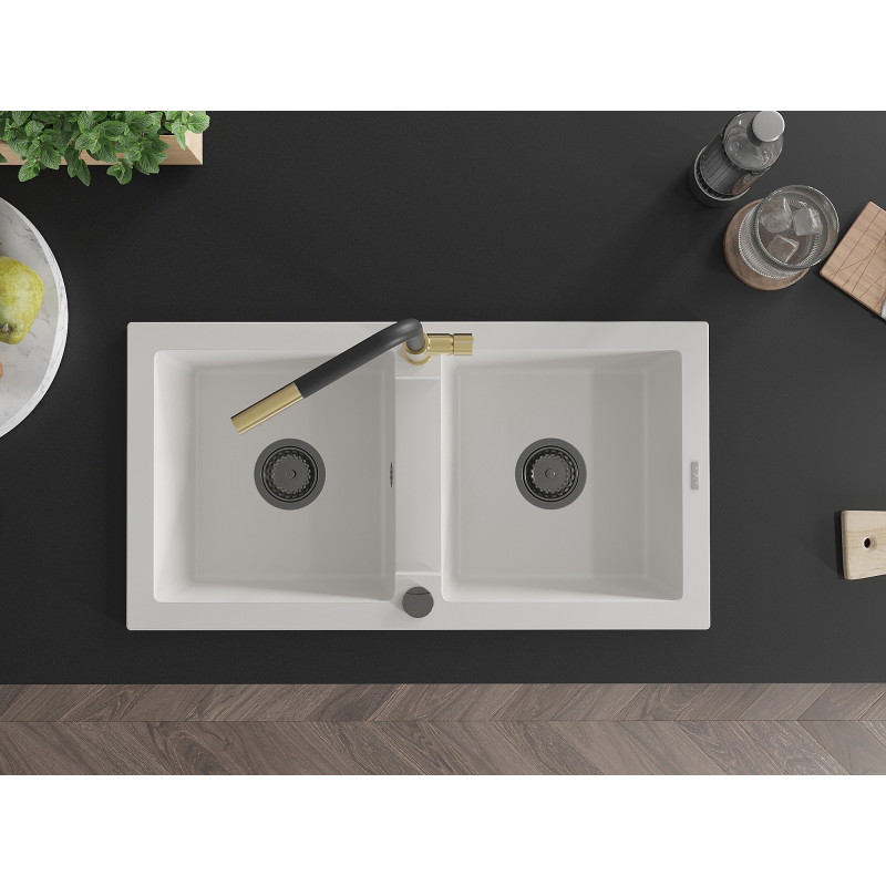 Mexen Mario granite sink 2-bowl with kitchen faucet Flora, white - 6504-20-670401-57-B