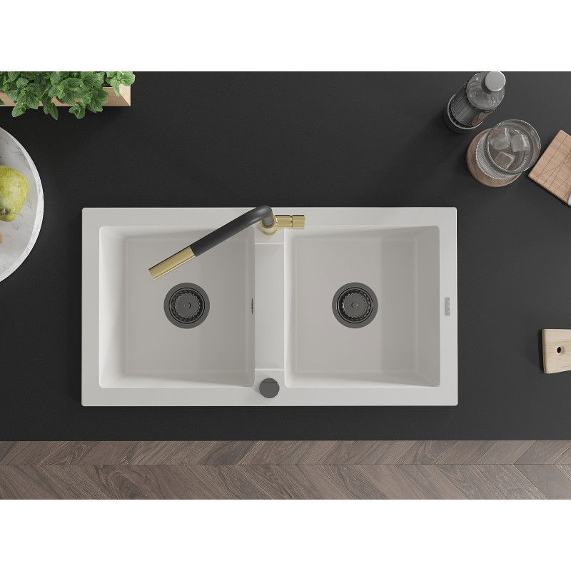 Mexen Mario Granite Sink 2-Chamber with Flora Kitchen Tap, White - 6504-20-670401-57-B
