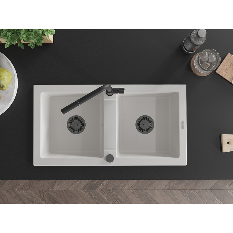 Mexen Mario 2-bowl granite sink with Flora kitchen faucet, white - 6504-20-670401-70-B