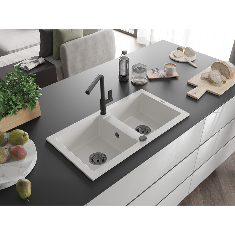 Mexen Mario granite double-bowl sink with Flora kitchen faucet, white - 6504-20-670401-70-B