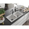 Mexen Mario granite double-bowl sink with Flora kitchen faucet, white - 6504-20-670401-70-B