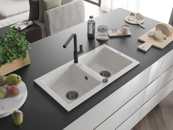 Mexen Mario 2-compartment granite sink with a kitchen mixer tap Flora, White - 6504-20-670401-70-B