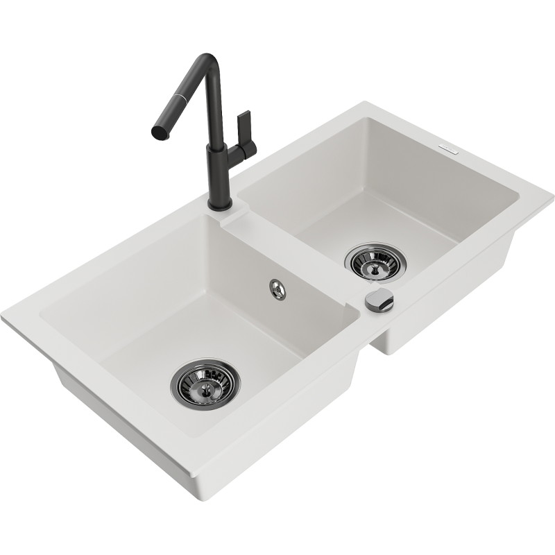 Mexen Mario 2-bowl granite sink with Flora kitchen faucet, white - 6504-20-670401-70-B