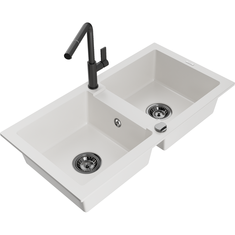 Mexen Mario 2-bowl granite sink with Flora kitchen tap, white - 6504-20-670401-70-B
