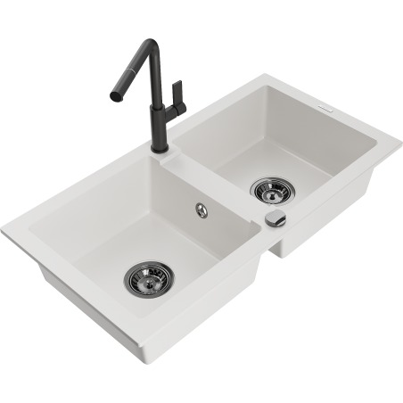 Mexen Mario 2-bowl granite sink with Flora kitchen tap, white - 6504-20-670401-70-B