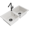 Mexen Mario 2-bowl granite sink with Flora kitchen tap, white - 6504-20-670401-70-B