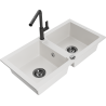 Mexen Mario granite double-bowl sink with Flora kitchen faucet, white - 6504-20-670401-70-B