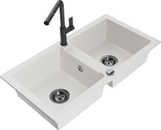 Mexen Mario 2-bowl granite sink with Flora kitchen faucet, white - 6504-20-670401-70-B